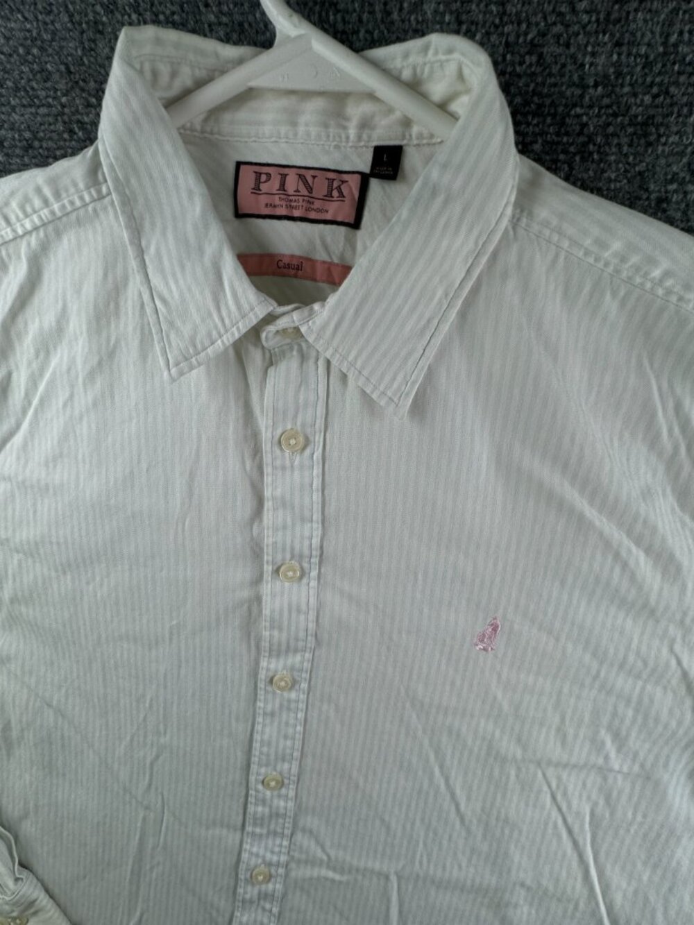 Thomas Pink Men Long Sleeve Button Up Shirt White Large Striped Blue Casual